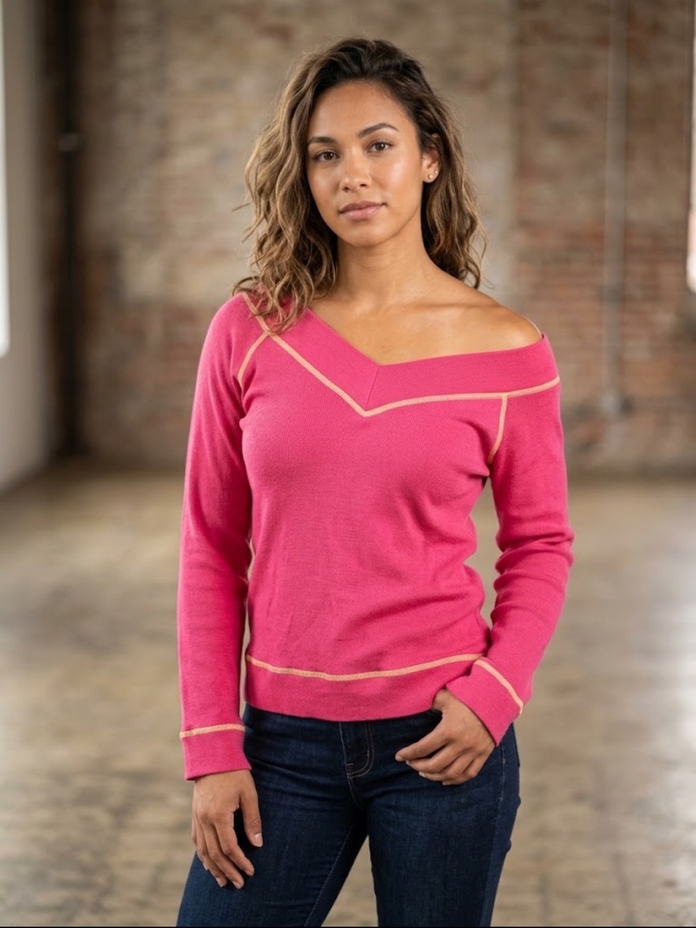 Bubblegum VTG  Y2K Hot Pink Off-Shoulder Thermal Top w/ Yellow StitchingM